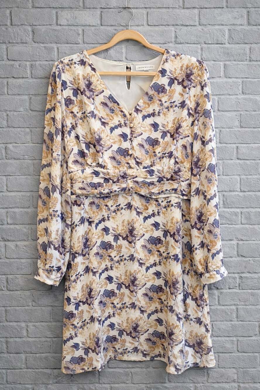 DownEast Floral Long Sleeve Pleated Waist Midi Dress